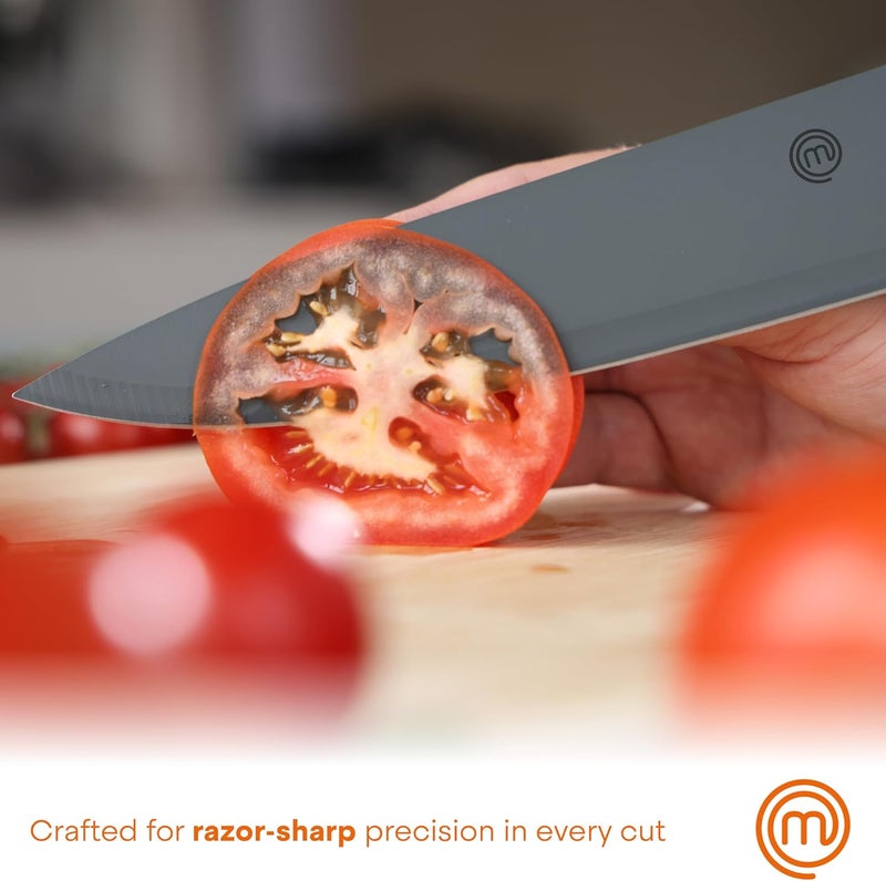 Master Chef Kitchen Knife Set with Covers, 6 Professional Chef Knives for Home Kitchens, Extra Sharp Cutting Stainless Steel Blades & Protective Sheaths, Soft-Touch Easy-Grip Handles, Earth Greys - Image 4